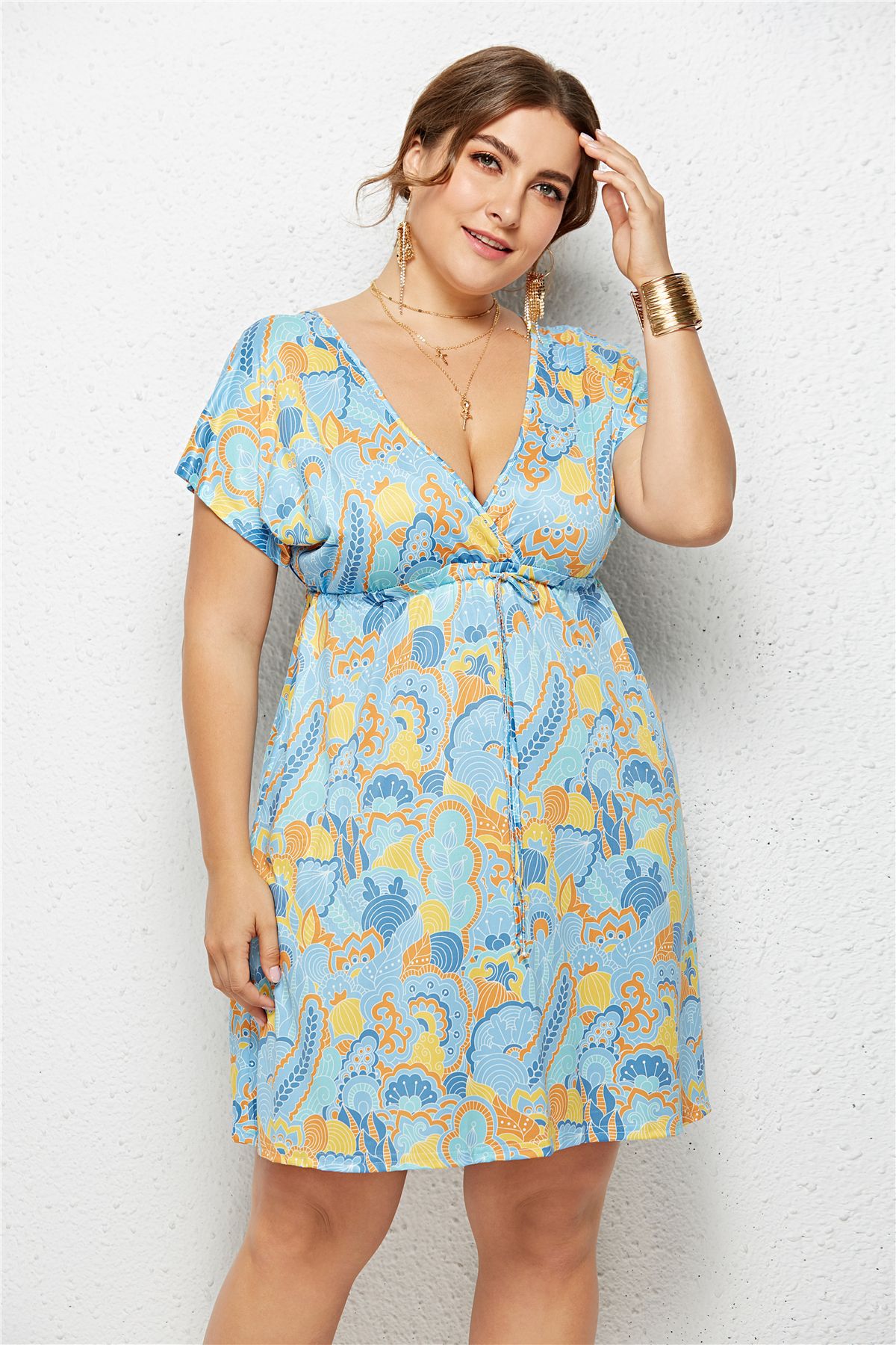 Printed Deep V-Neck Dress with Elastic Waist